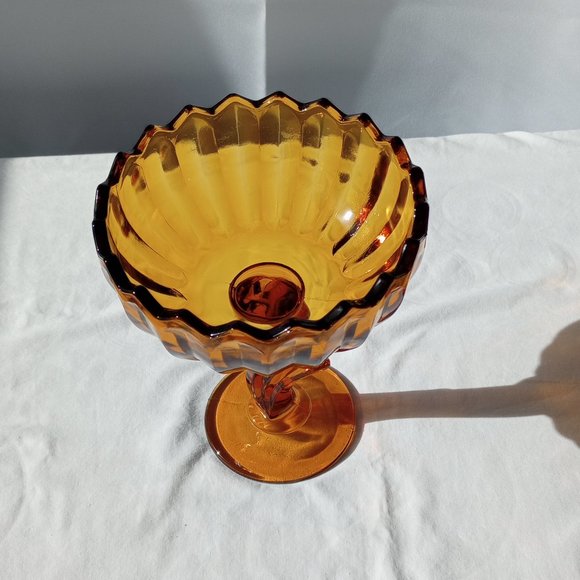 Vintage Indiana Glass Amber Pedestal Lotus Flower Blossom Candy Dish- - Picture 4 of 7